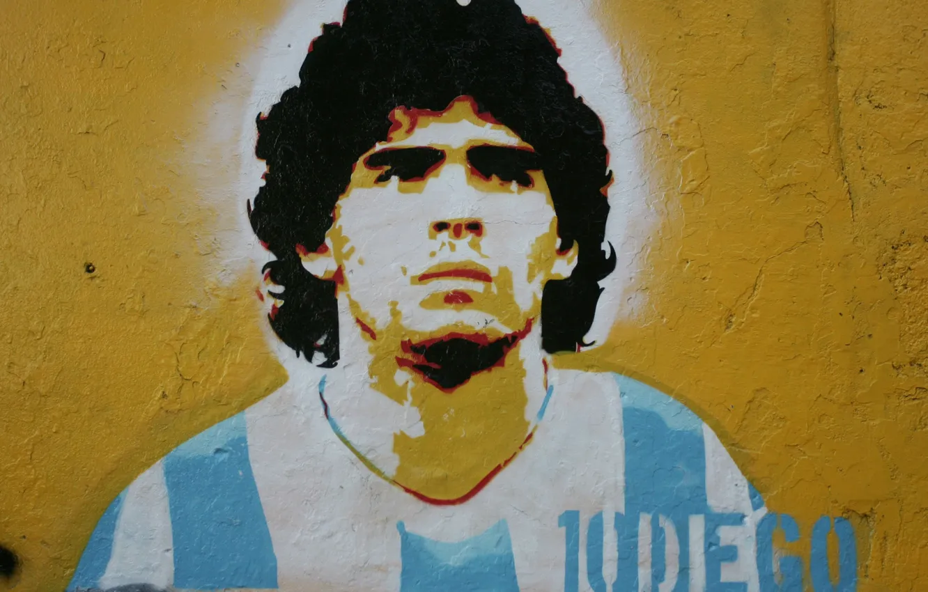 Фото обои Диего Марадона, Десятка, рисунок на стене, аргентинский футболист