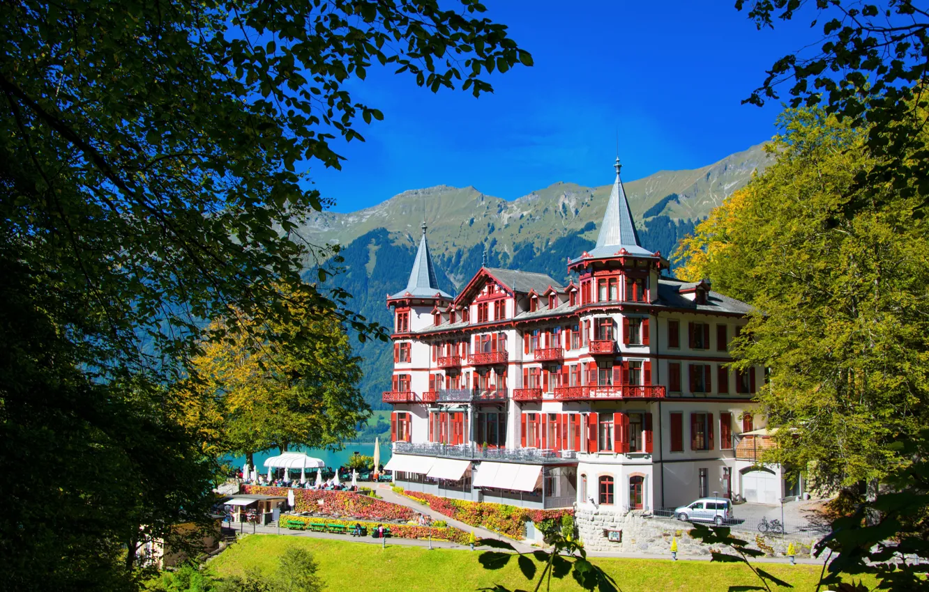 Фото обои деревья, горы, Швейцария, курорт, Hotel Giessbach Brienz