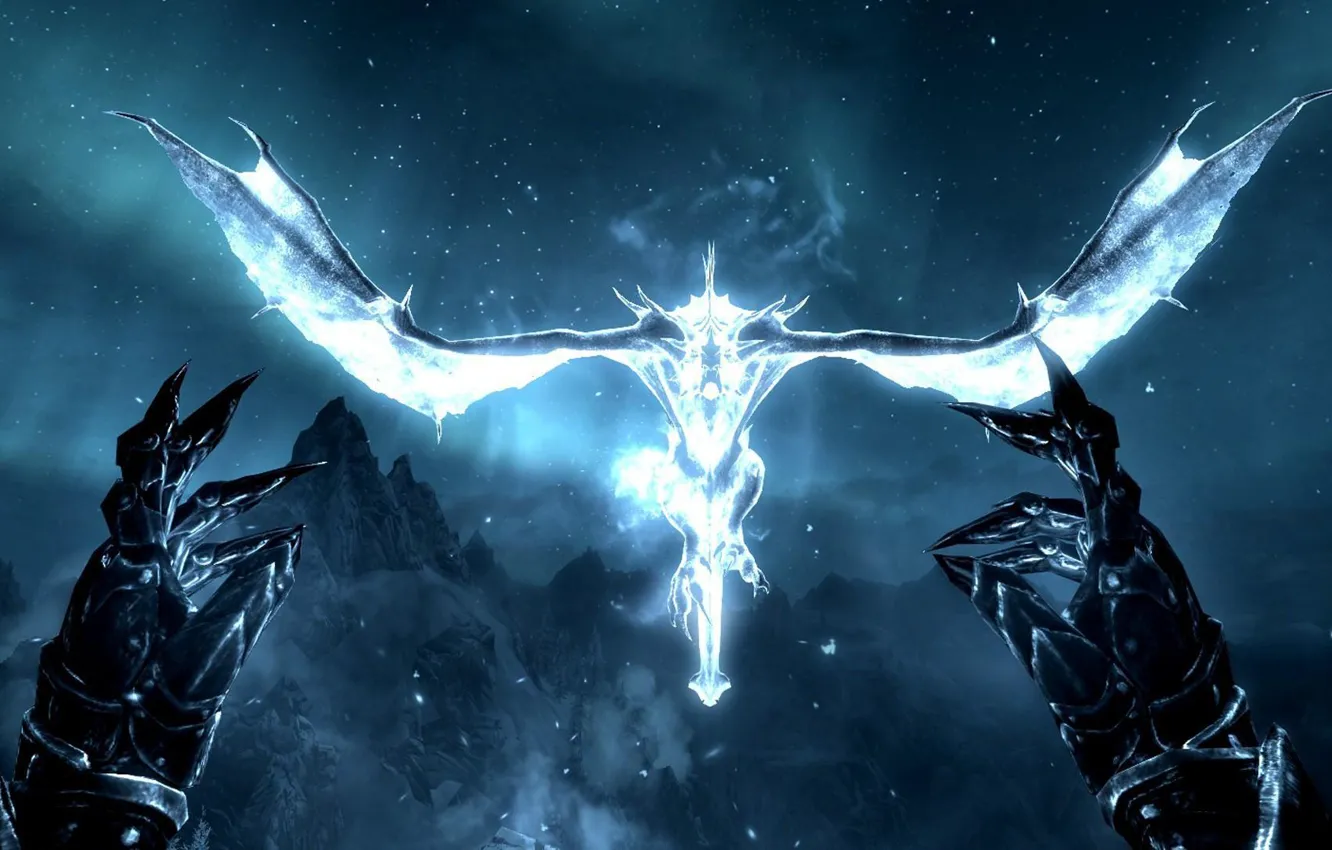 Фото обои звезды, полет, ночь, дракон, игра, когти, перчатки, The Elder Scrolls V: Skyrim