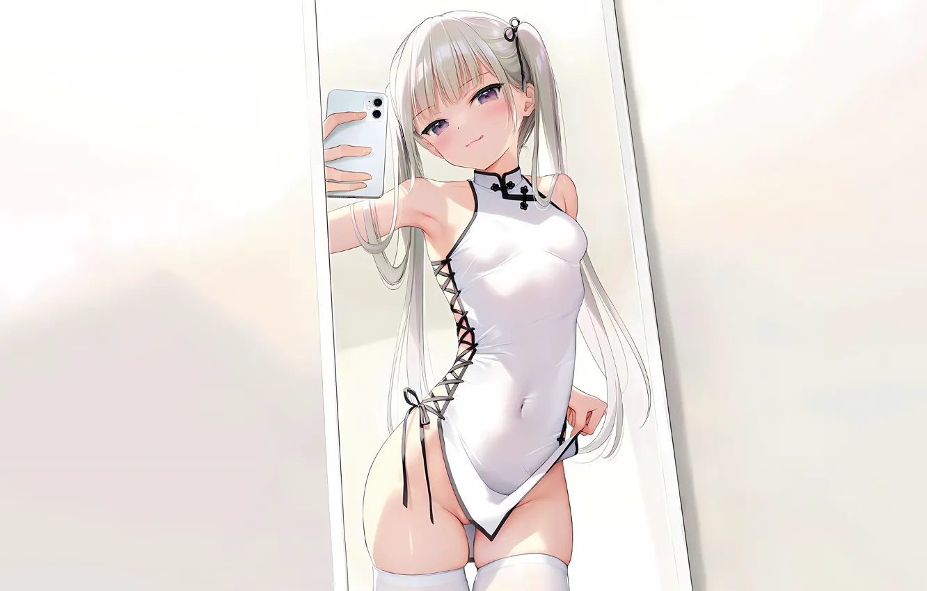 Фото обои girl, sexy, thighhighs, long hair, dress, boobs, anime, beautiful
