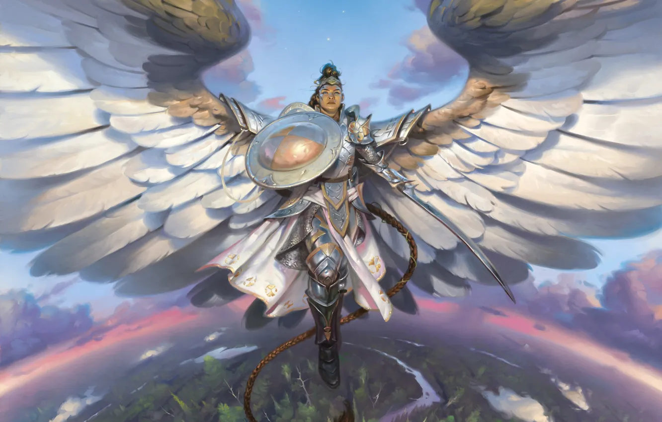 Фото обои крылья, меч, доспехи, горизонт, шлем, коса, щит, art