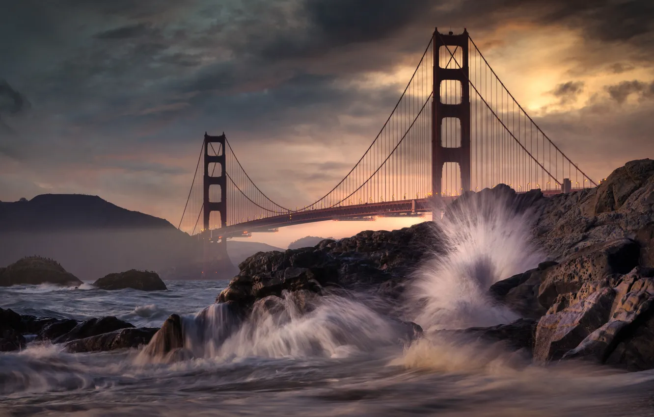 Фото обои море, мост, камни, скалы, Калифорния, Сан-Франциско, Golden Gate Bridge, California