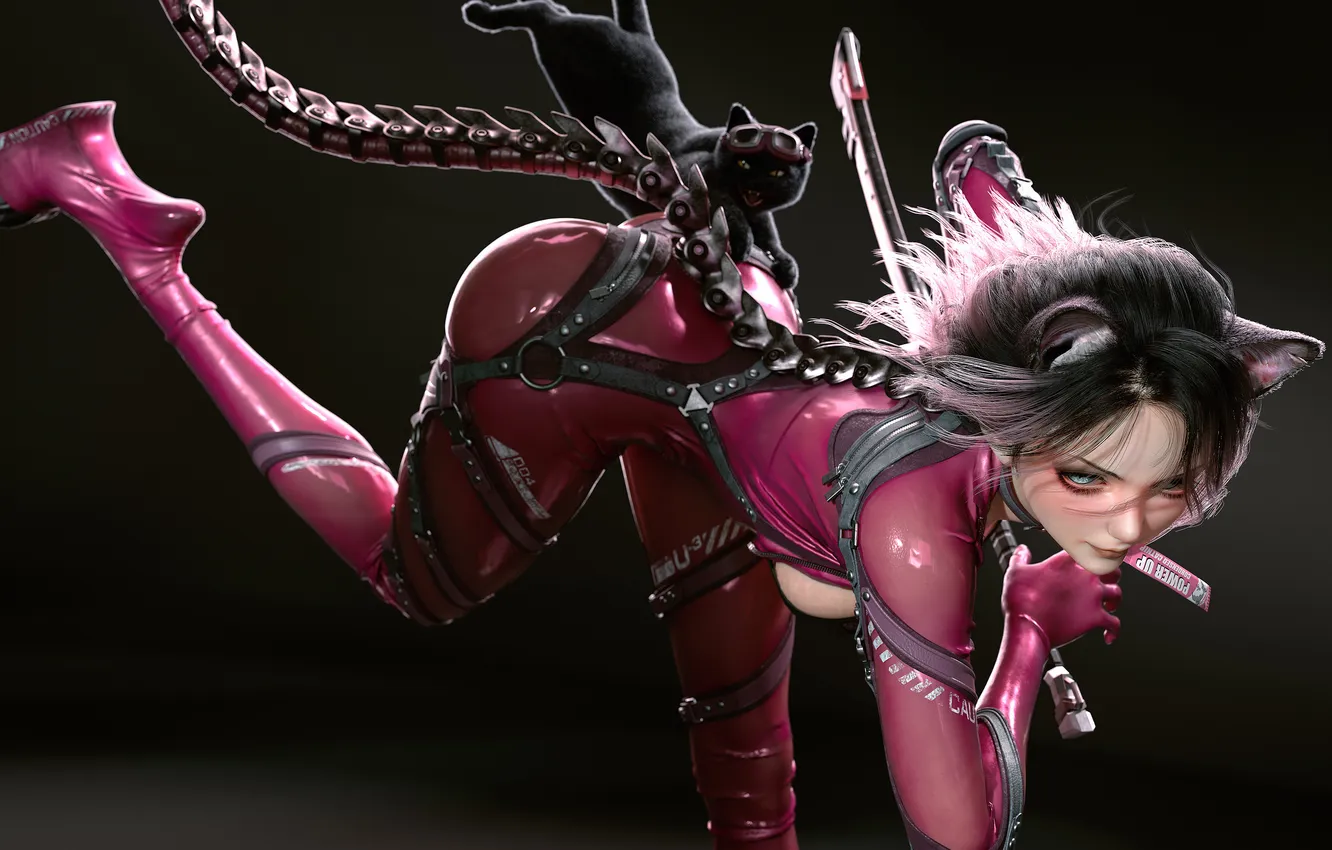 Фото обои bodysuit, pink, catgirl, cat, mechanical, latex, Science Fiction, scifi