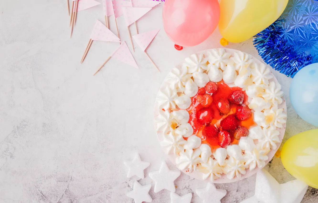 Фото обои праздник, шары, торт, флажки, день рождение