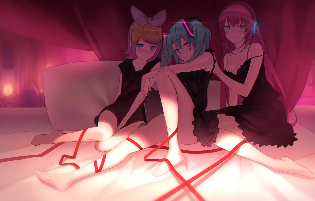 Фото обои девушки, кровать, аниме, наушники, арт, лента, vocaloid, hatsune miku