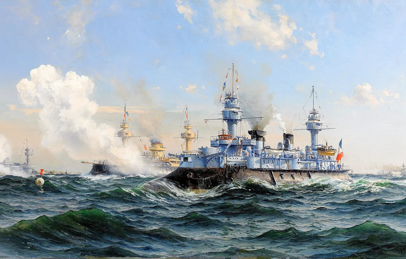 Фото обои море, волны, облака, флот, Крейсер, Herman Gustav Sillen