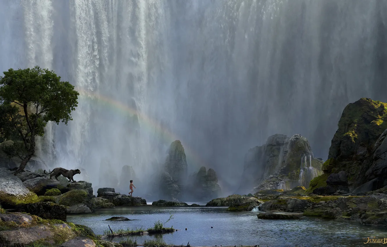 Фото обои камни, водопад, мальчик, пантера, Jungle Book