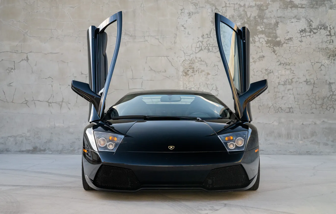 Фото обои черный, Lamborghini, Murcielago, передок, ламбо двери, Lamborghini Murcielago LP640