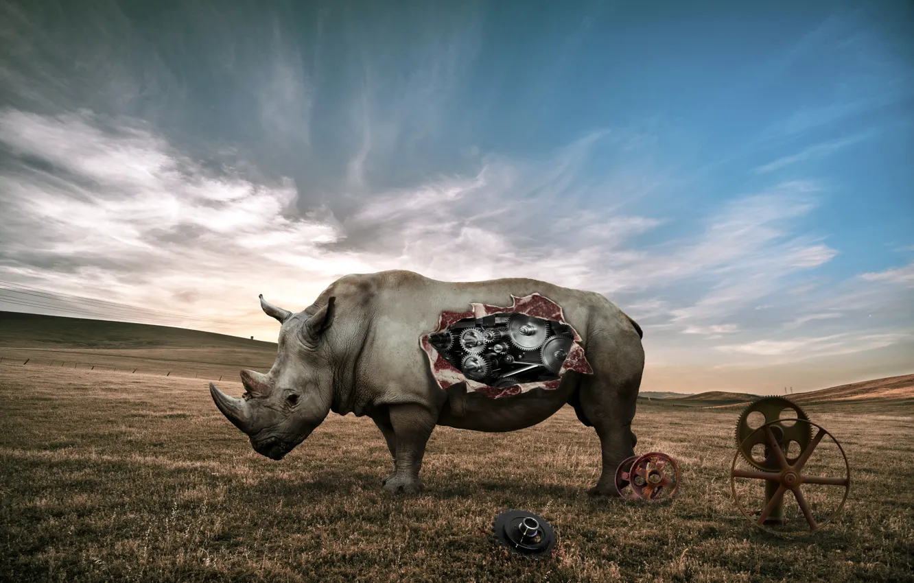 Фото обои фантастика, механизм, носорог