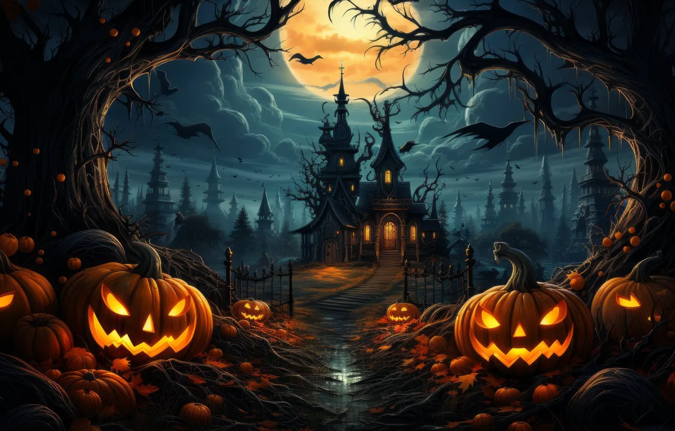 Фото обои Хэллоуин, Moon, Pumpkins, Night, Holiday