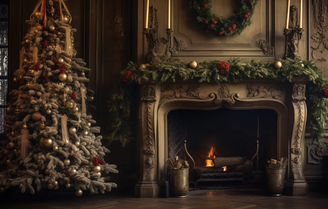 Фото обои украшения, комната, шары, елка, интерьер, Новый Год, Рождество, камин
