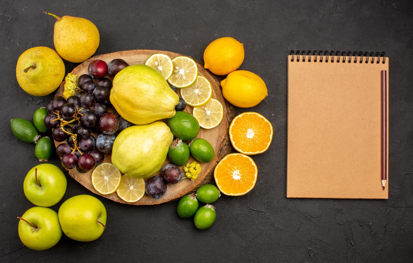 Фото обои яблоки, виноград, айва