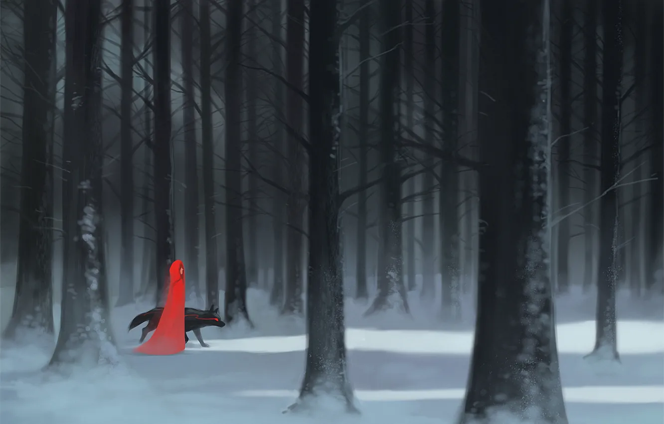 Фото обои лес, девушка, снег, деревья, волк, арт, плащ