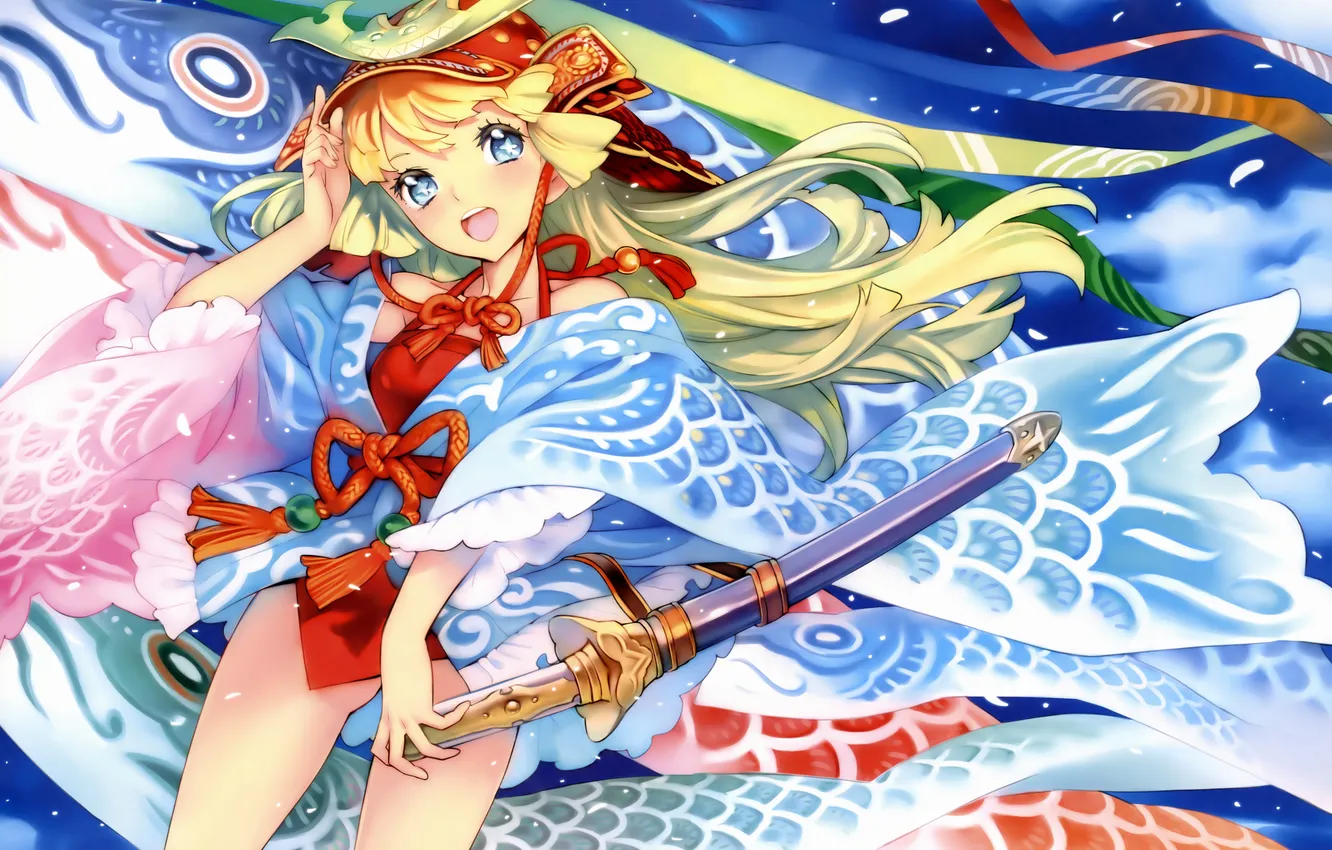 Фото обои взгляд, яркие краски, девушка, радость, оружие, меч, art, dengeki moeoh