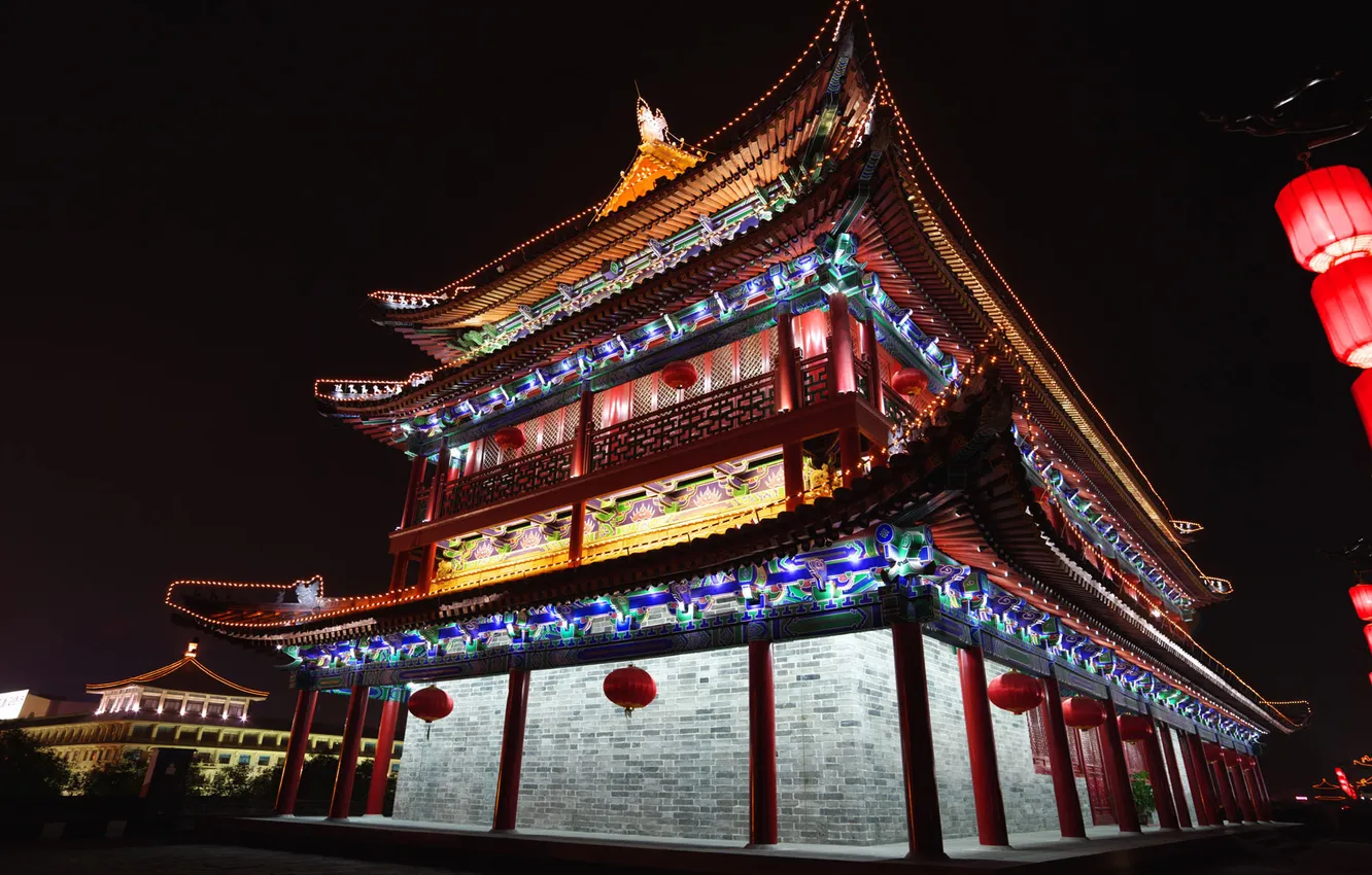 Фото обои ночь, огни, Китай, Пекин, китайская архитектура