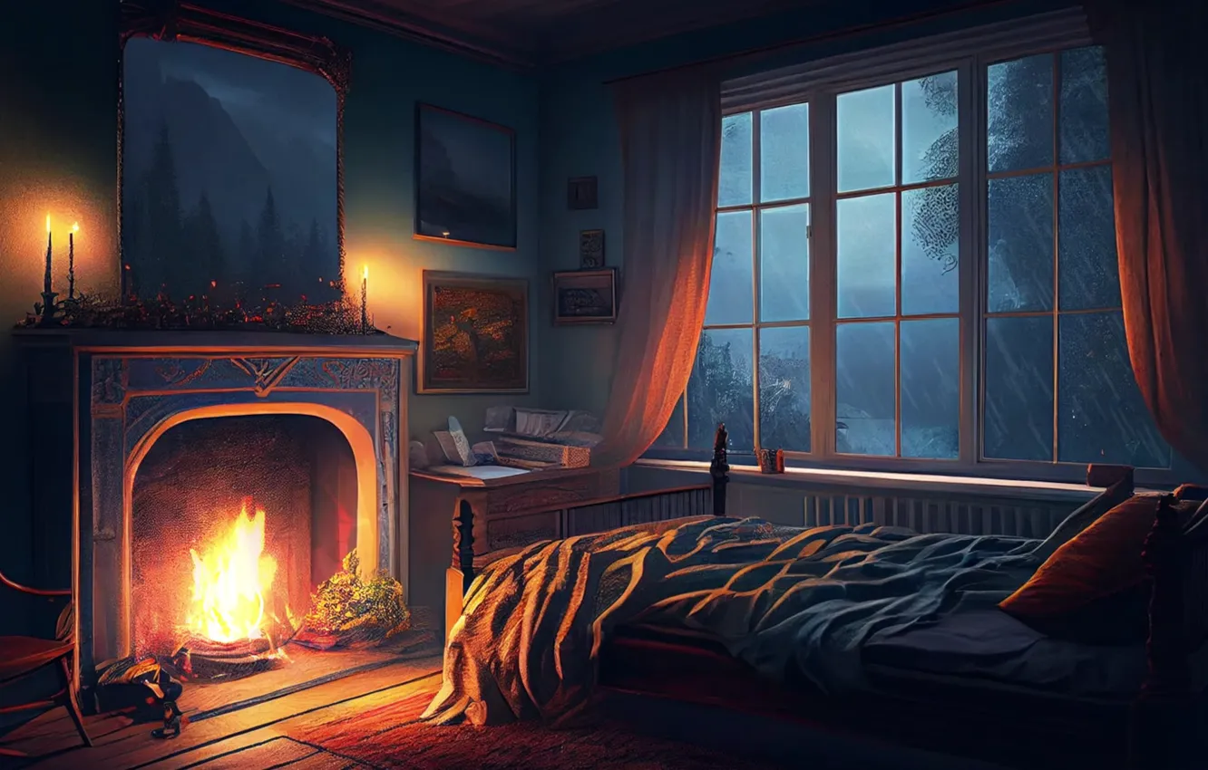Фото обои house, rain, bedroom, fireplace