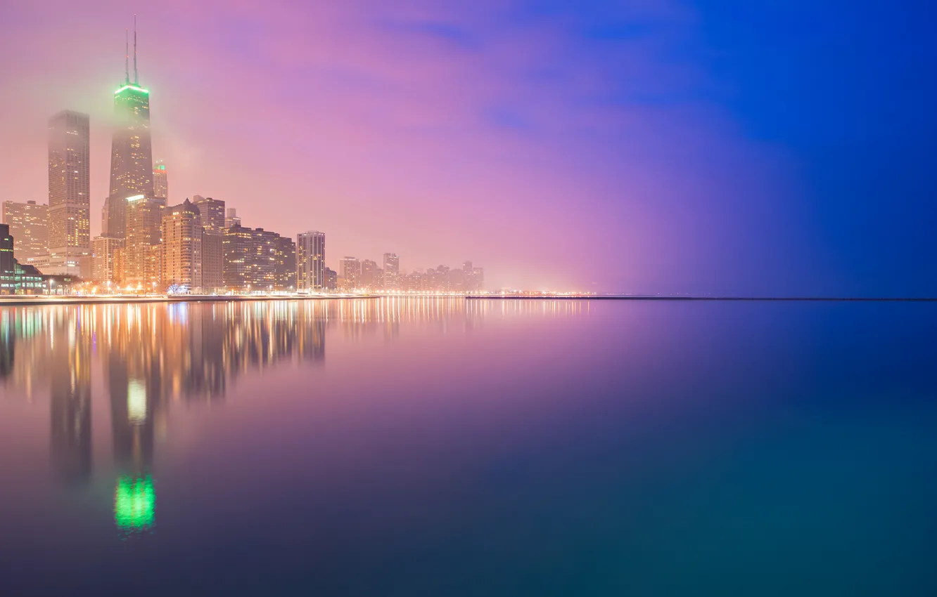 Фото обои город, огни, экспозиция, Чикаго, Chicago, Lake, Buildings, Skyscrapers