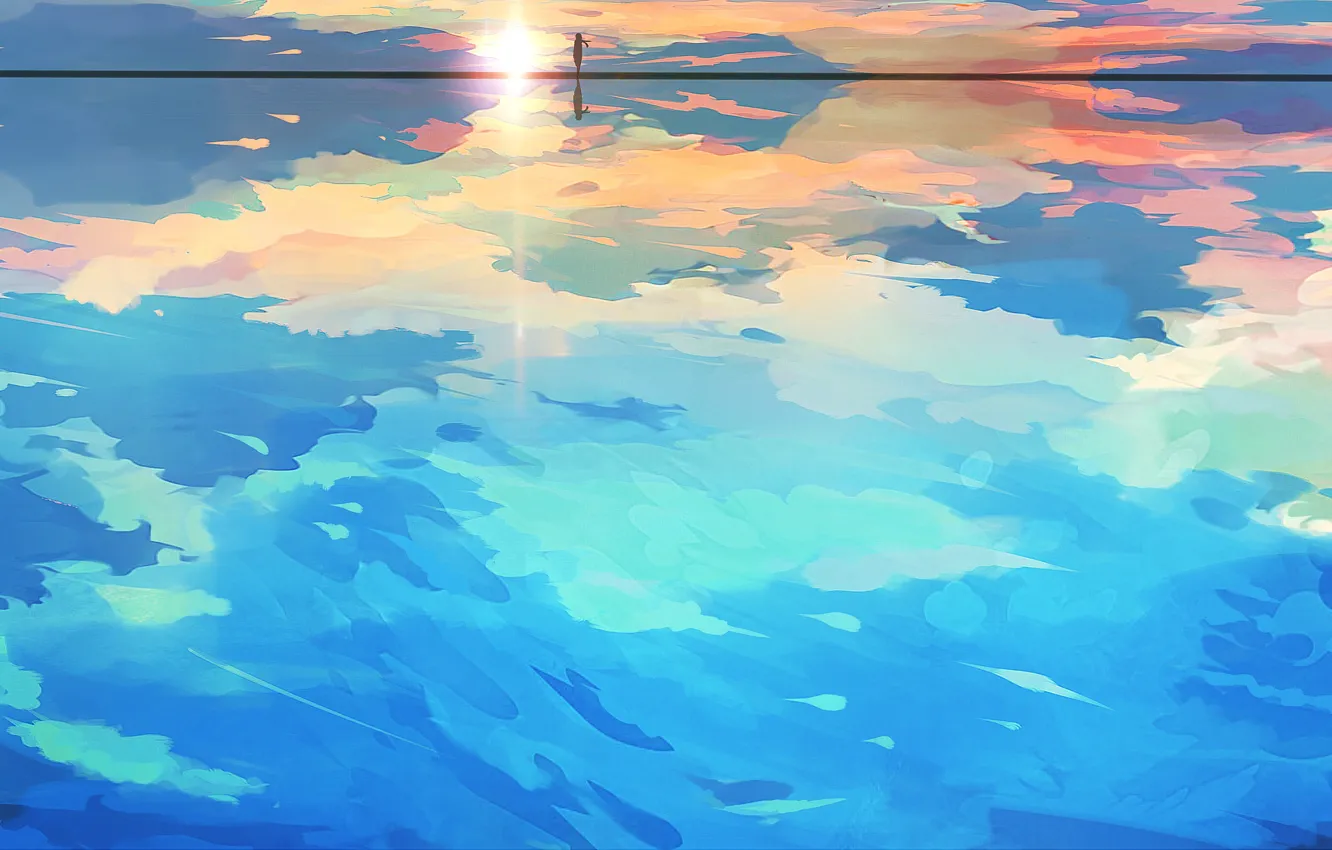 Фото обои море, небо, девушка, солнце, горизонт