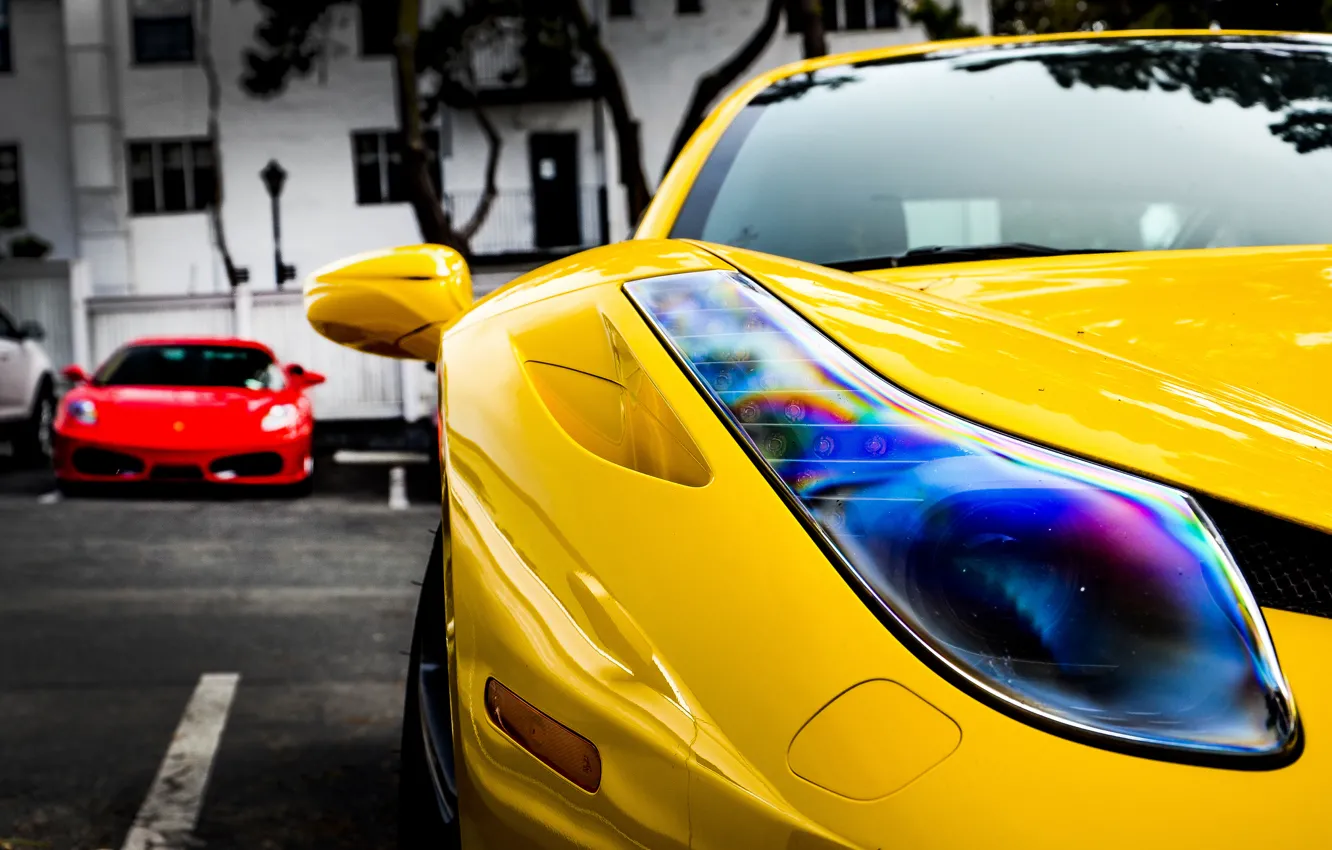 Фото обои желтый, красный, Ferrari, red, феррари, 458, italia, f430