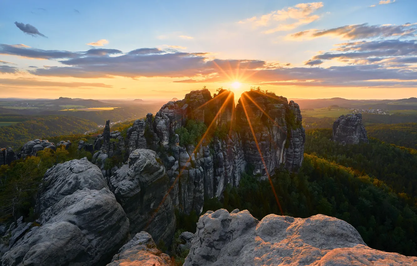 Фото обои солнце, горы, скалы, Германия, Эльбские Песчаниковые горы