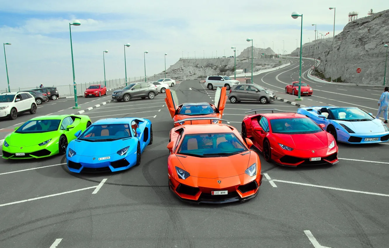 Фото обои Lamborghini, парковка, Gallardo, суперкары, Aventador, Huracan