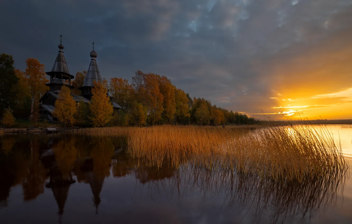 Фото обои осень, пейзаж, природа, озеро, рассвет, утро, церковь, леса