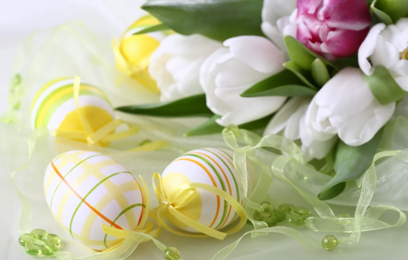 Фото обои цветы, ленты, яйцо, яйца, пасха, ленточки