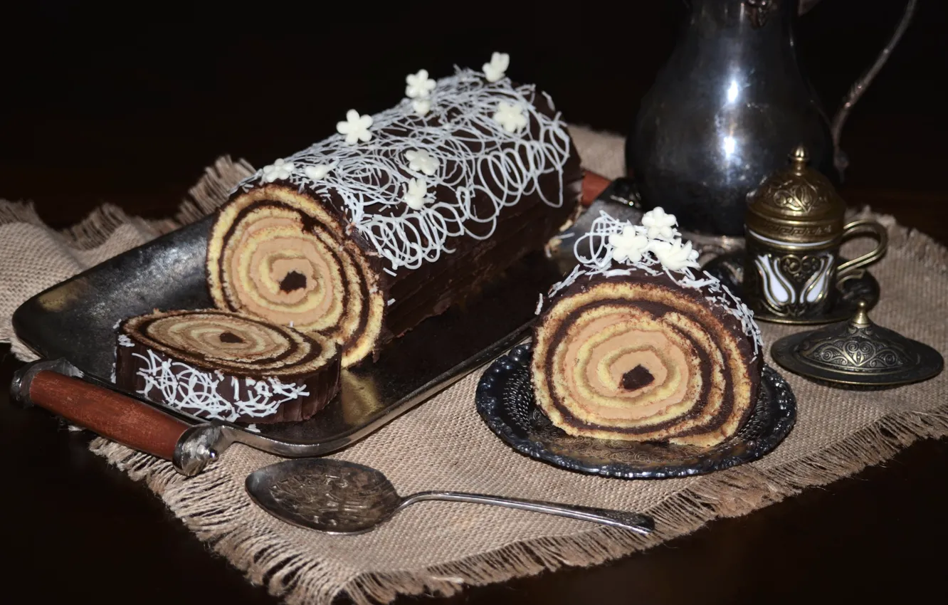 Фото обои посуда, крем, десерт, шоколадное, рулет