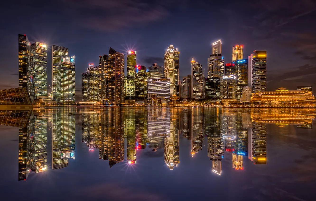 Фото обои ночь, огни, отражение, побережье, небоскребы, залив, Сингапур