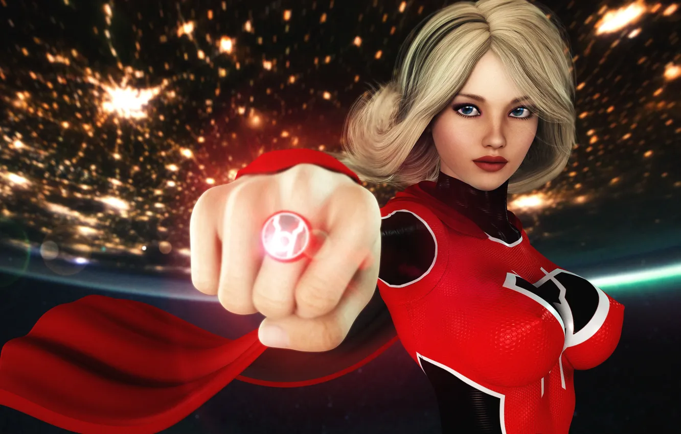 Фото обои red, girl, supergirl, ring, planet, graphic, flashlight, red lantern