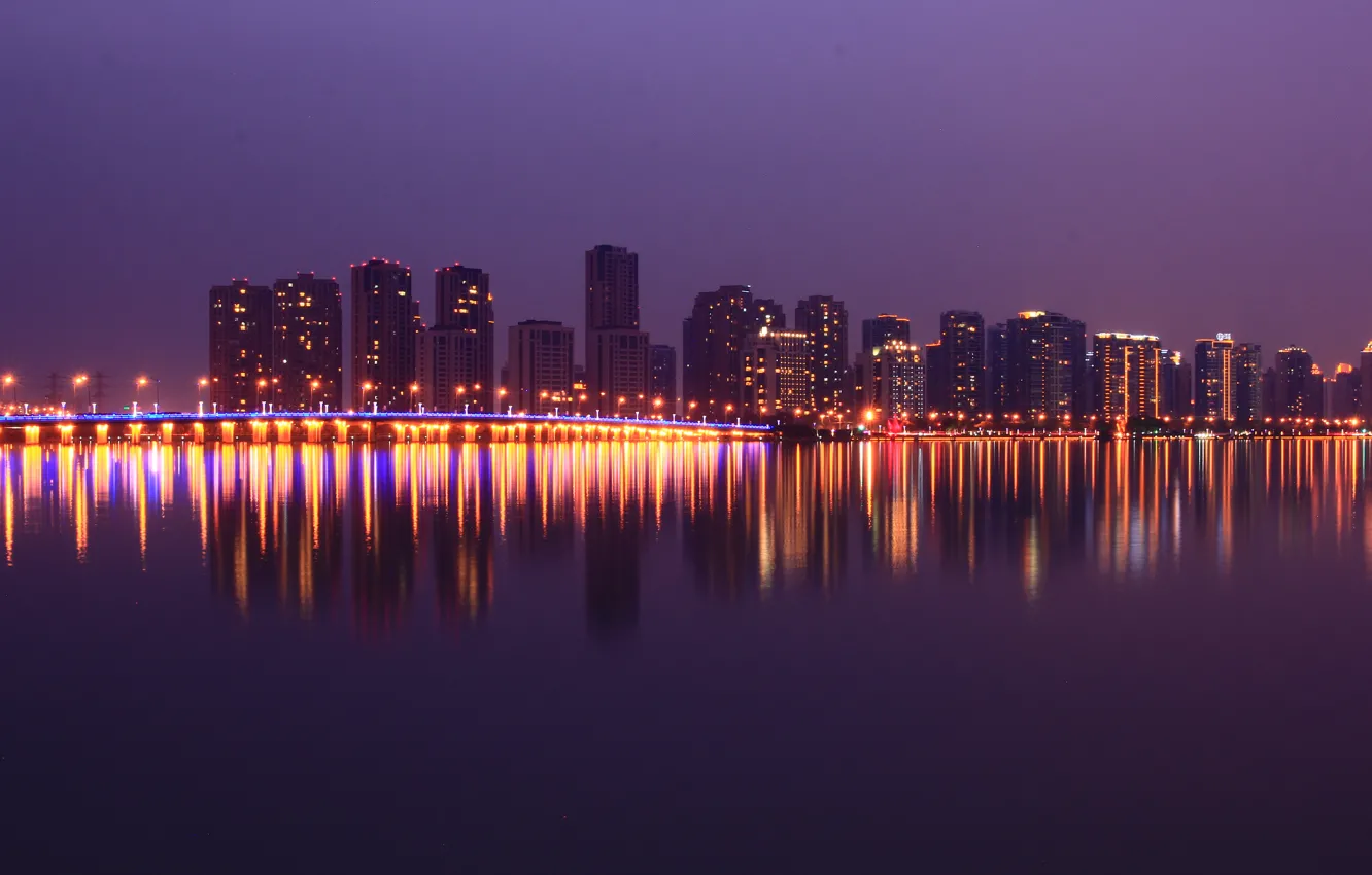 Фото обои lights, China, Shanghai, skyline, bridge, water, night, colour