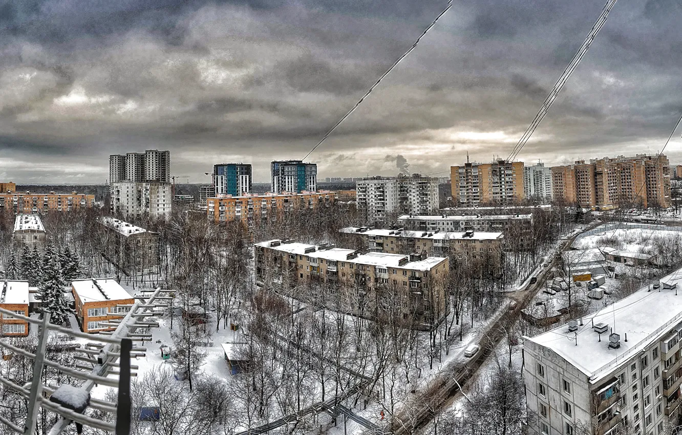 Фото обои зима, снег, серость, высота, темное небо, одинцово