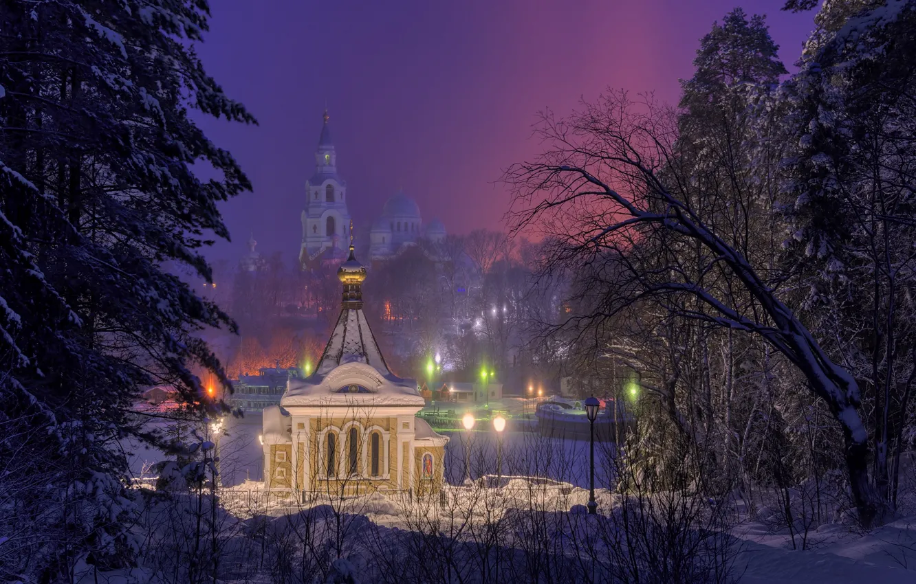 Фото обои зима, снег, деревья, природа, утро, освещение, собор, часовня