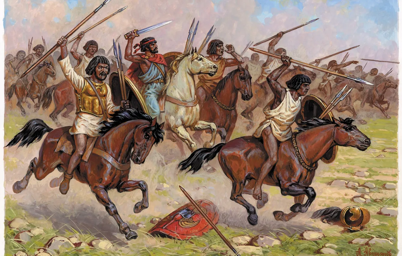 Фото обои рисунок, лошади, арт, Африка, битва, мечи, большие, дротики