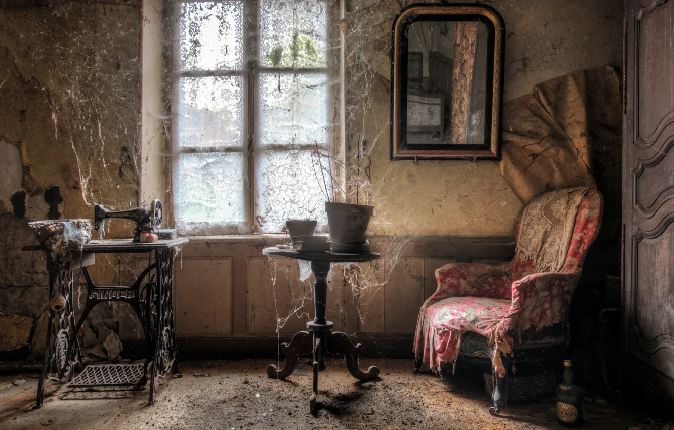 Фото обои комната, мебель, паутина, окно, натурализм