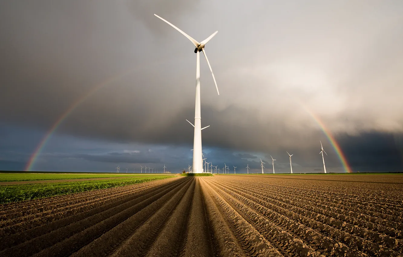 Фото обои поля, радуга, Нидерланды, Голландия, ветряные генераторы