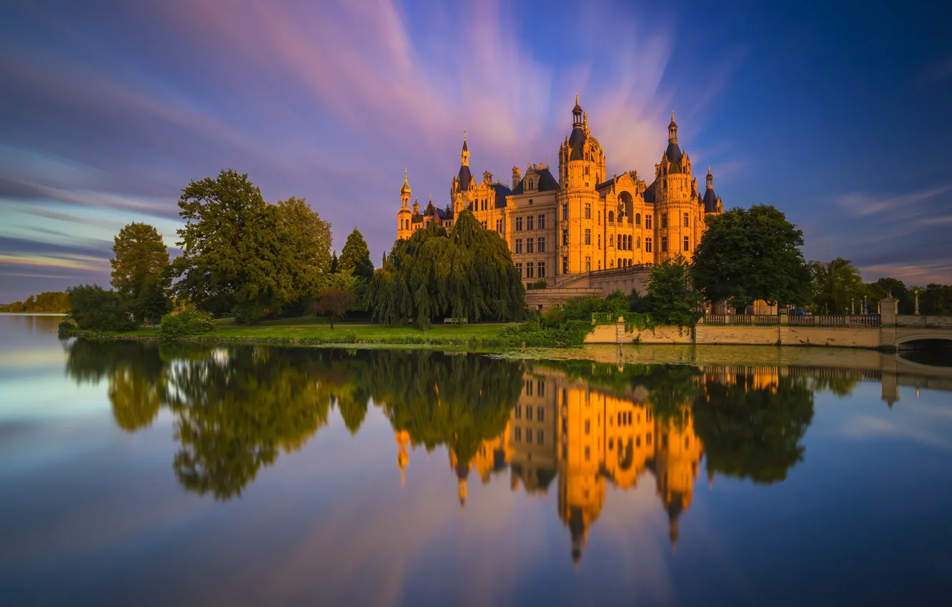 Фото обои река, замок, Германия, Шверин