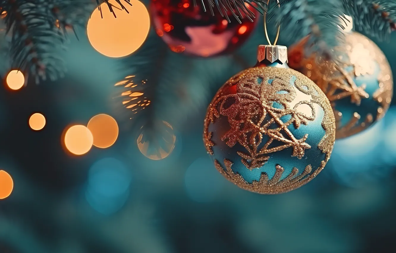 Фото обои украшения, фон, шары, елка, Новый Год, Рождество, golden, new year