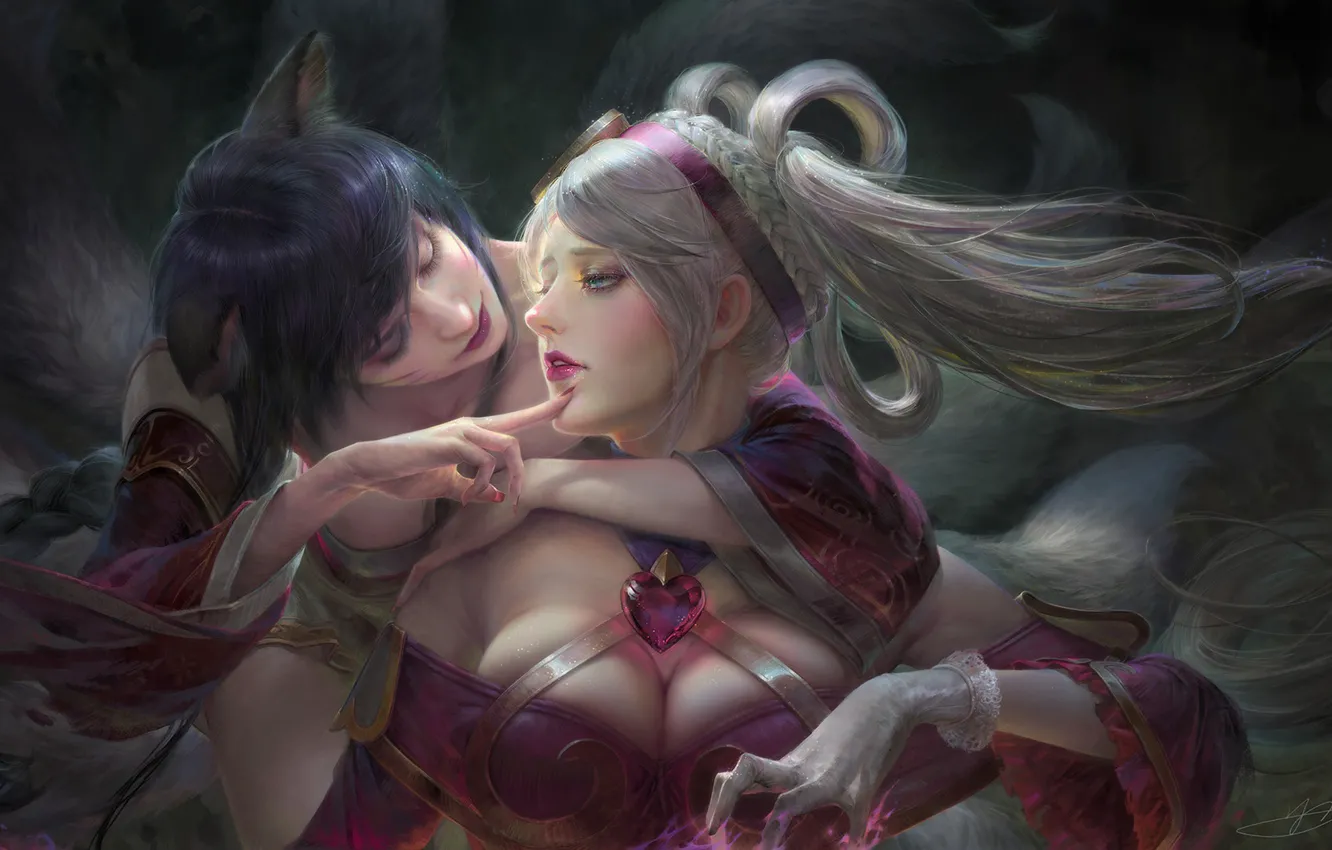 Фото обои фэнтези, арт, пара, League Of Legends, Ahri & Sona of LoL, YU-HAN CHEN