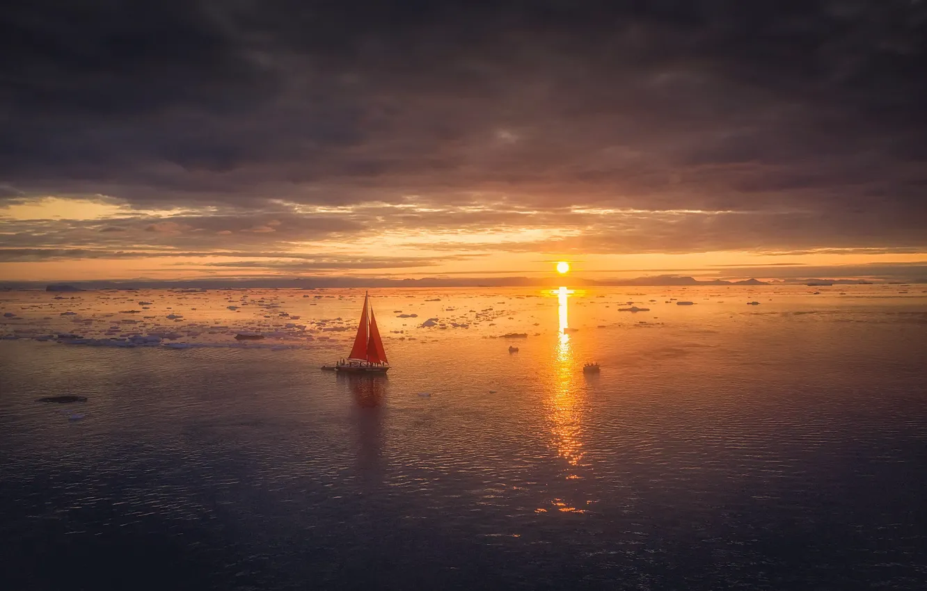 Фото обои море, закат, лодка