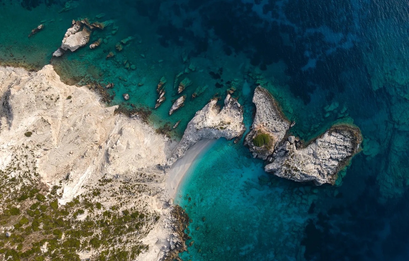 Фото обои green, sea, coast, blue, cliffs, aerial view