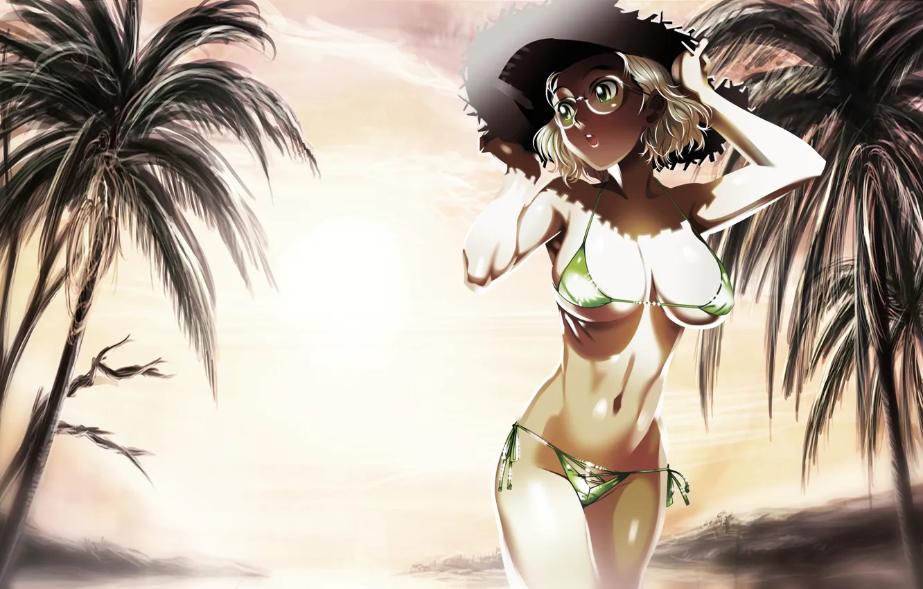 Фото обои beach, panties, green eyes, boobs, sunset, blonde, bikini, palms