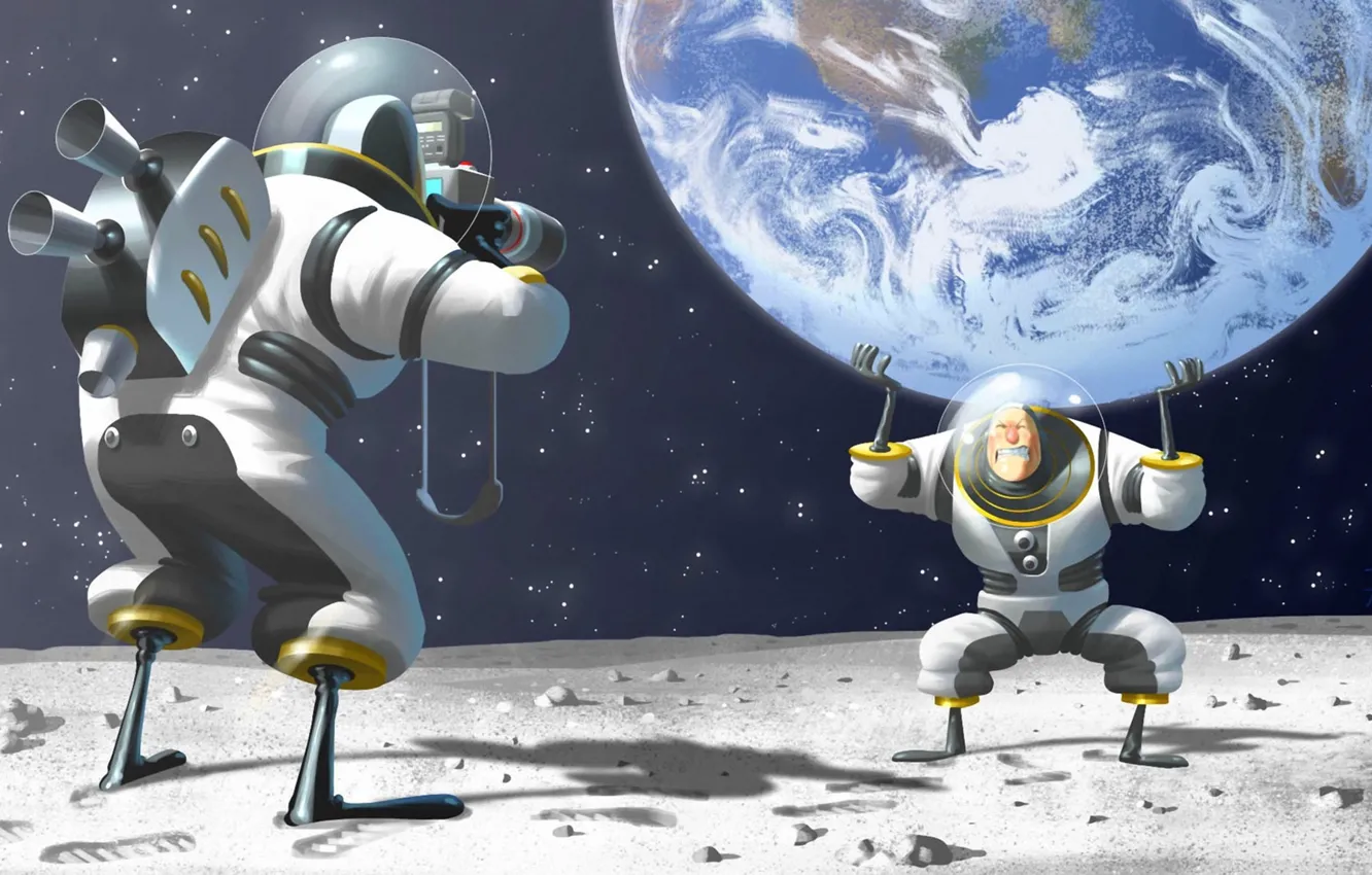 Фото обои космос, земля, луна, юмор, позирование, скафандр, арт, астронавты