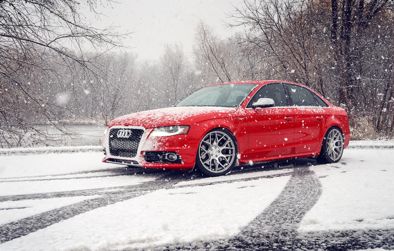 Фото обои зима, снег, Audi, ауди, red, красная, winter