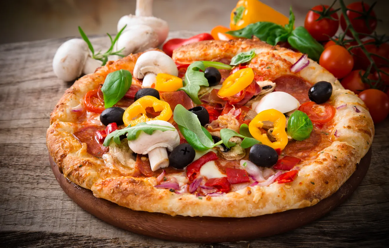 Фото обои зелень, green, еда, пицца, food, pizza, начинка, stuffing