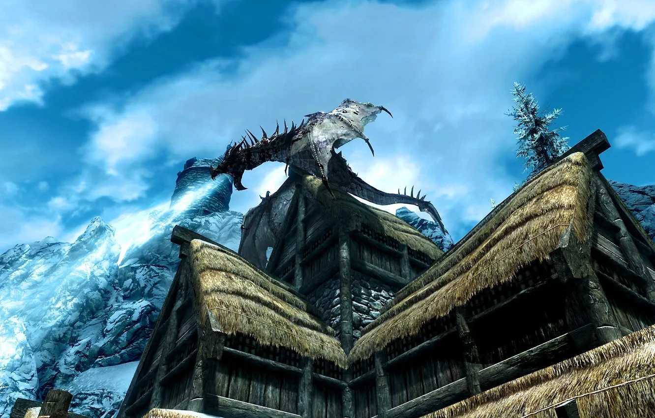 Фото обои лед, крыша, горы, дом, дракон, The Elder Scrolls V Skyrim