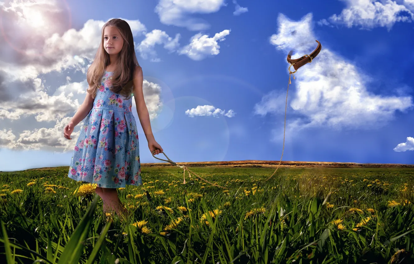 Фото обои поле, лето, трава, облака, цветы, природа, собака, девочка