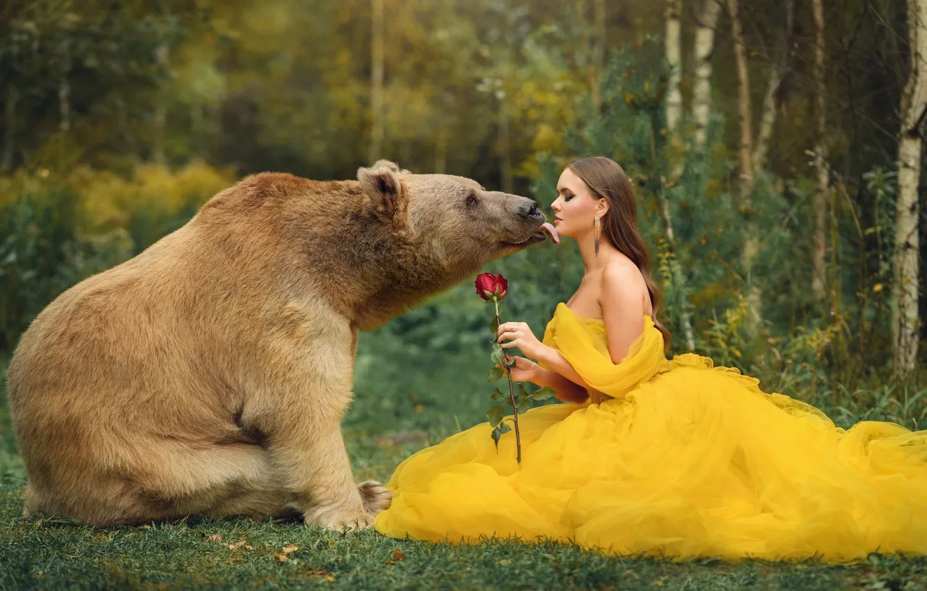 Фото обои лес, язык, цветок, девушка, природа, поза, стиль, поляна