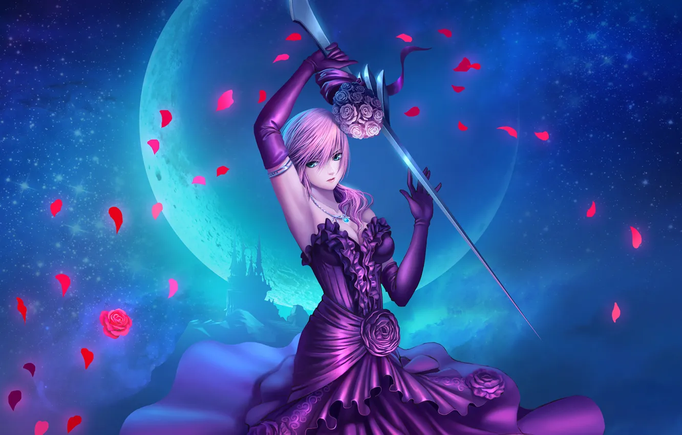 Фото обои девушка, ночь, оружие, луна, игра, платье, арт, Final Fantasy XIII