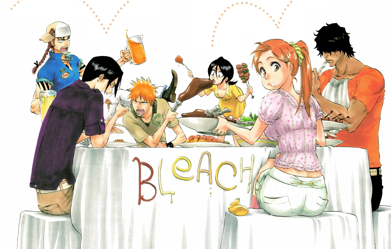 Фото обои еда, Bleach, Ichigo Kurosaki, anime, Rukia Kuchiki, Orihime Inoue, Yasutora Sado, Renji Abarai